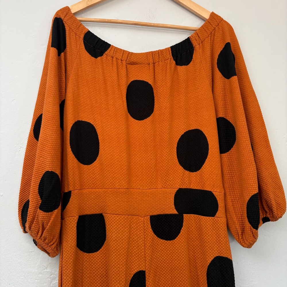 Farm Rio Anthropologie Polka Dot Wide Leg Jumpsuit Medium Orange Black New FLAW - Picture 11 of 16
